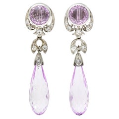 Edwardian Kunzite Diamond Platinum Antique Gemstone Drop Earrings