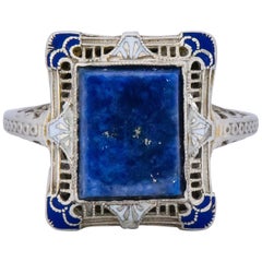 Antique Edwardian Lapis Lazuli Enamel 14 Karat White Gold Dinner Ring