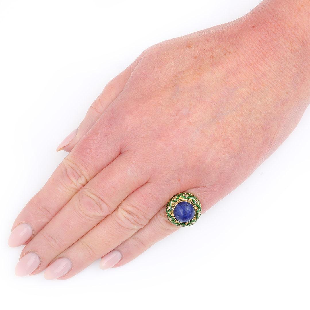 Edwardian Lapis Lazuli, Rose Cut Diamond and Green Enamel Dome Ring, Circa 1910 For Sale 6