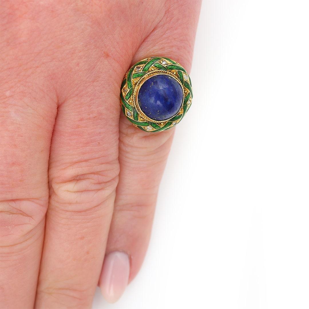 Edwardian Lapis Lazuli, Rose Cut Diamond and Green Enamel Dome Ring, Circa 1910 For Sale 7