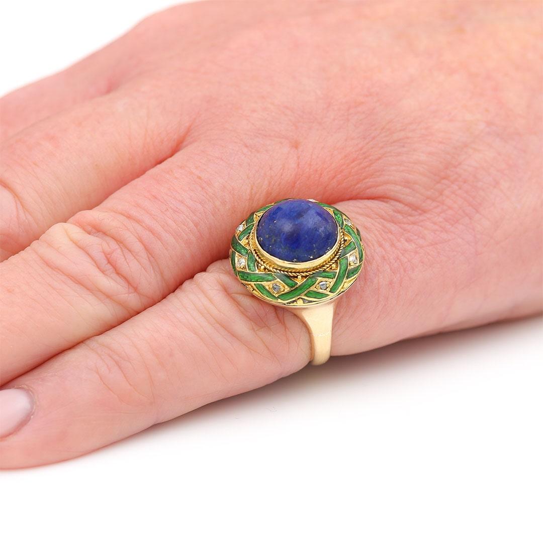 Edwardian Lapis Lazuli, Rose Cut Diamond and Green Enamel Dome Ring, Circa 1910 For Sale 8