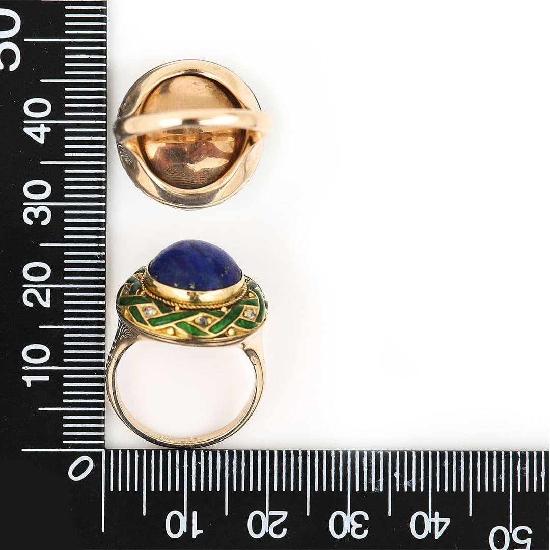 Edwardianischer Lapislazuli, Diamant im Rosenschliff und grüner Emaille Dome Ring, CIRCA 1910 im Angebot 9