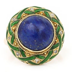 Edwardian Lapis Lazuli, Rose Cut Diamond and Green Enamel Dome Ring, Circa 1910