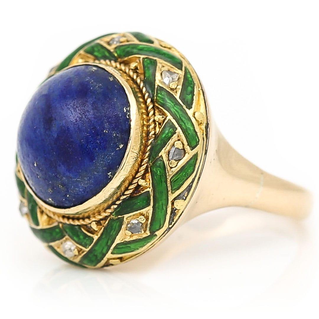 Edwardian Lapis Lazuli, Rose Cut Diamond and Green Enamel Dome Ring, Circa 1910 In Good Condition For Sale In Lancashire, Oldham