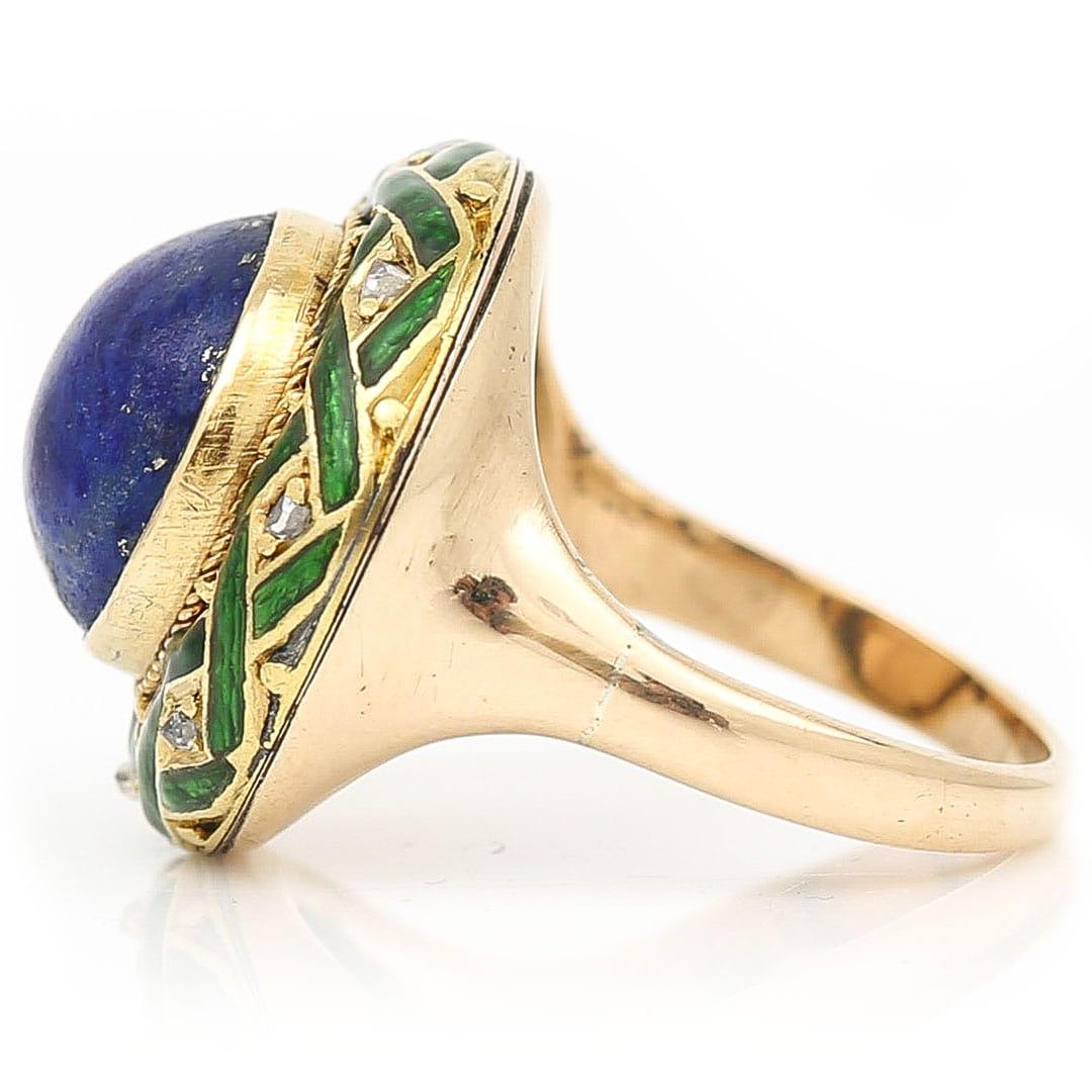 Women's or Men's Edwardian Lapis Lazuli, Rose Cut Diamond and Green Enamel Dome Ring, Circa 1910 For Sale