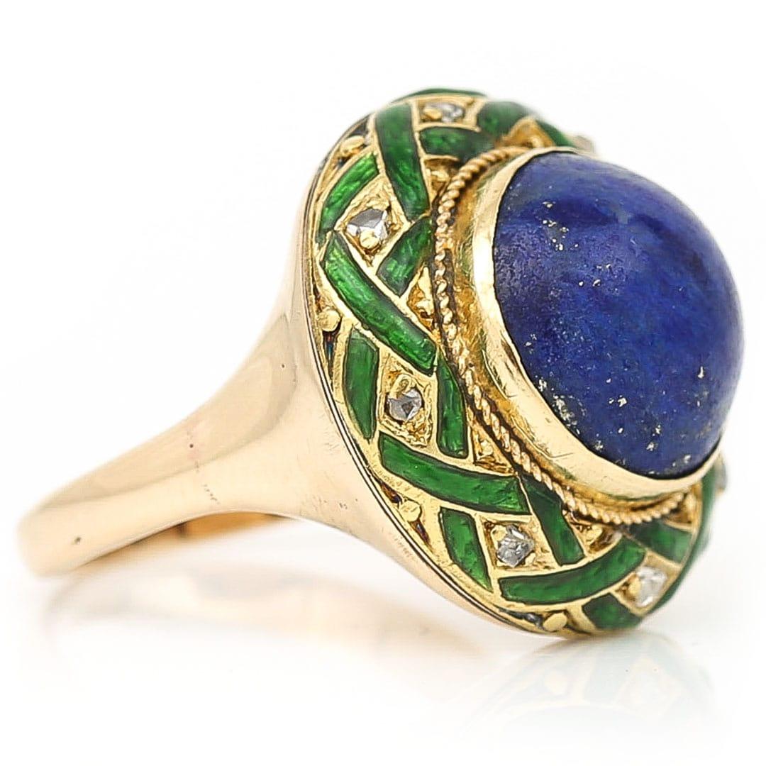 Edwardian Lapis Lazuli, Rose Cut Diamond and Green Enamel Dome Ring, Circa 1910 For Sale 1