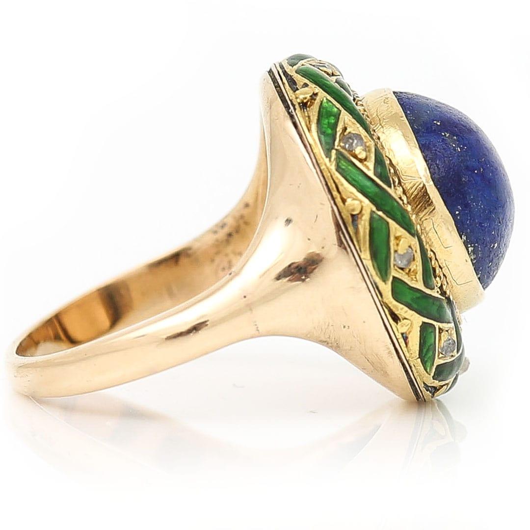 Edwardian Lapis Lazuli, Rose Cut Diamond and Green Enamel Dome Ring, Circa 1910 For Sale 2