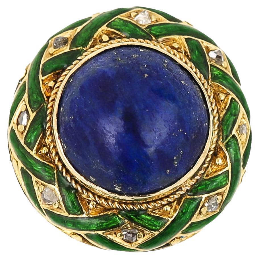 Edwardian Lapis Lazuli, Rose Cut Diamond and Green Enamel Dome Ring, Circa 1910 For Sale