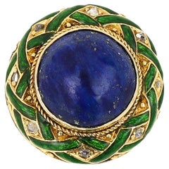 Edwardian Lapis Lazuli, Rose Cut Diamond and Green Enamel Dome Ring, Circa 1910