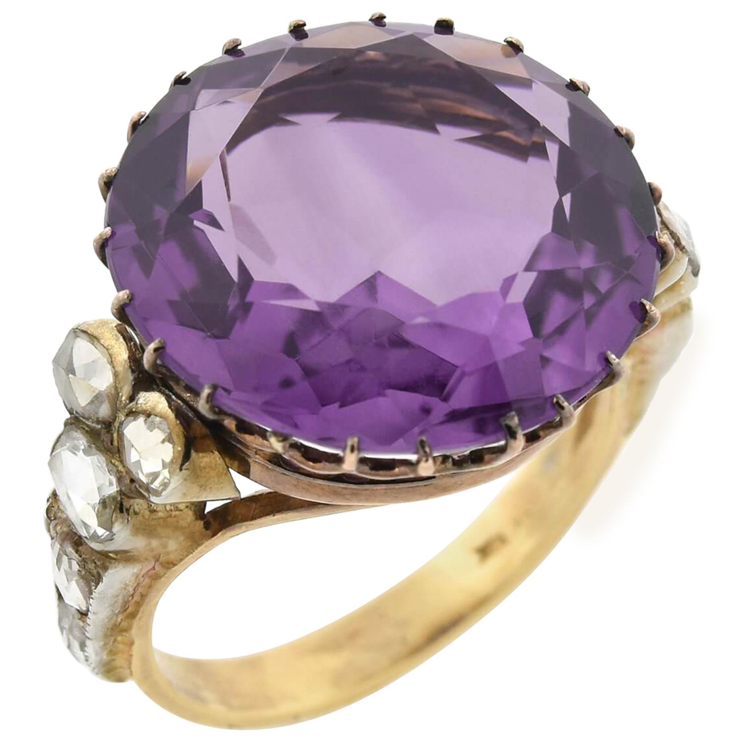 Edwardian Large 14 Carat Amethyst and Diamond Ring For Sale