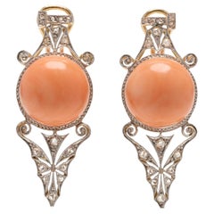 Edwardian Large 18kt / Platinum Coral + Rose Cut Diamond Earrings