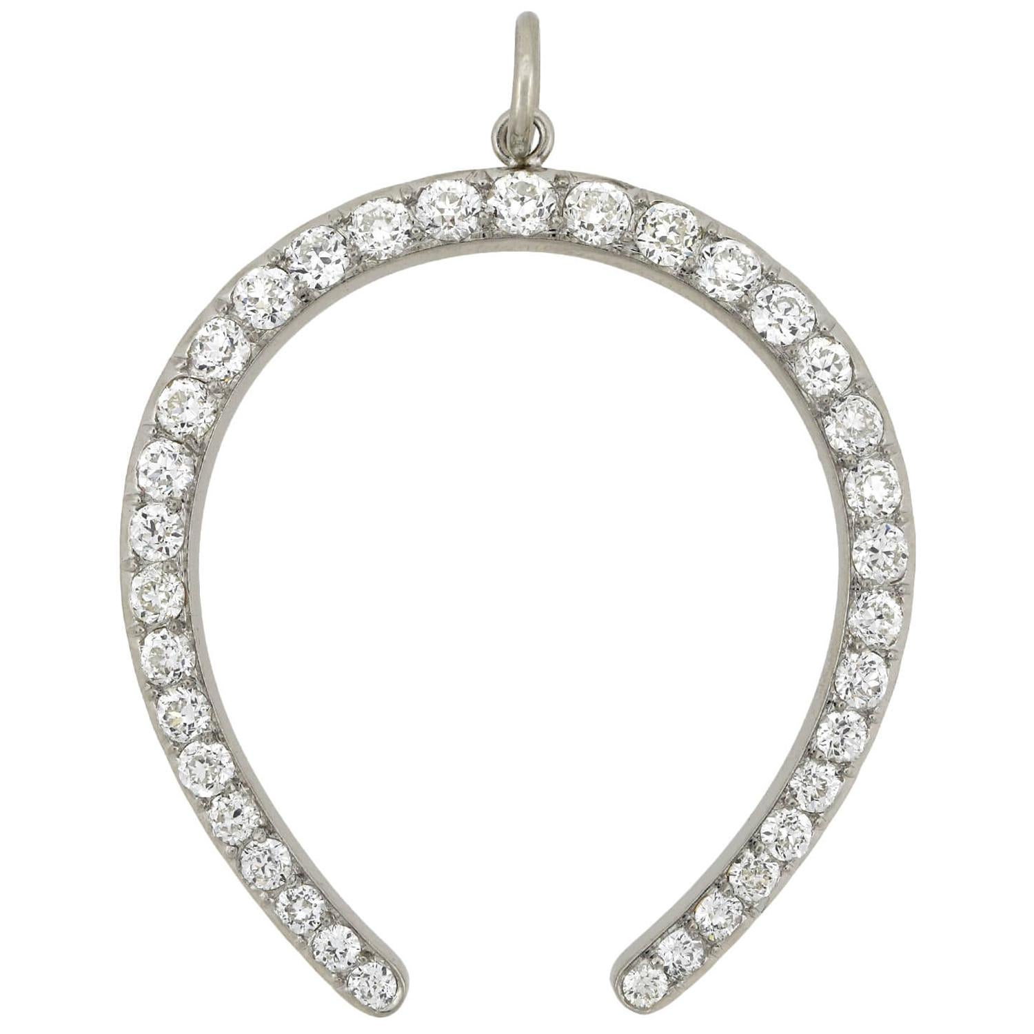 Edwardian Large 3.00 Total Carat Diamond Horseshoe Pendant
