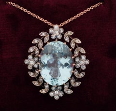 Edwardian Large 35.0 Ct Natural Aquamarine 1.50 Ct Diamond Rare Brooch Pendant