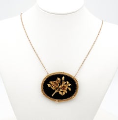 Edwardian Large Black Onyx Roses Medallion Brooch Necklace