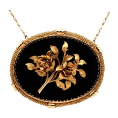 Edwardian Large Black Onyx Roses Medallion Brooch Necklace