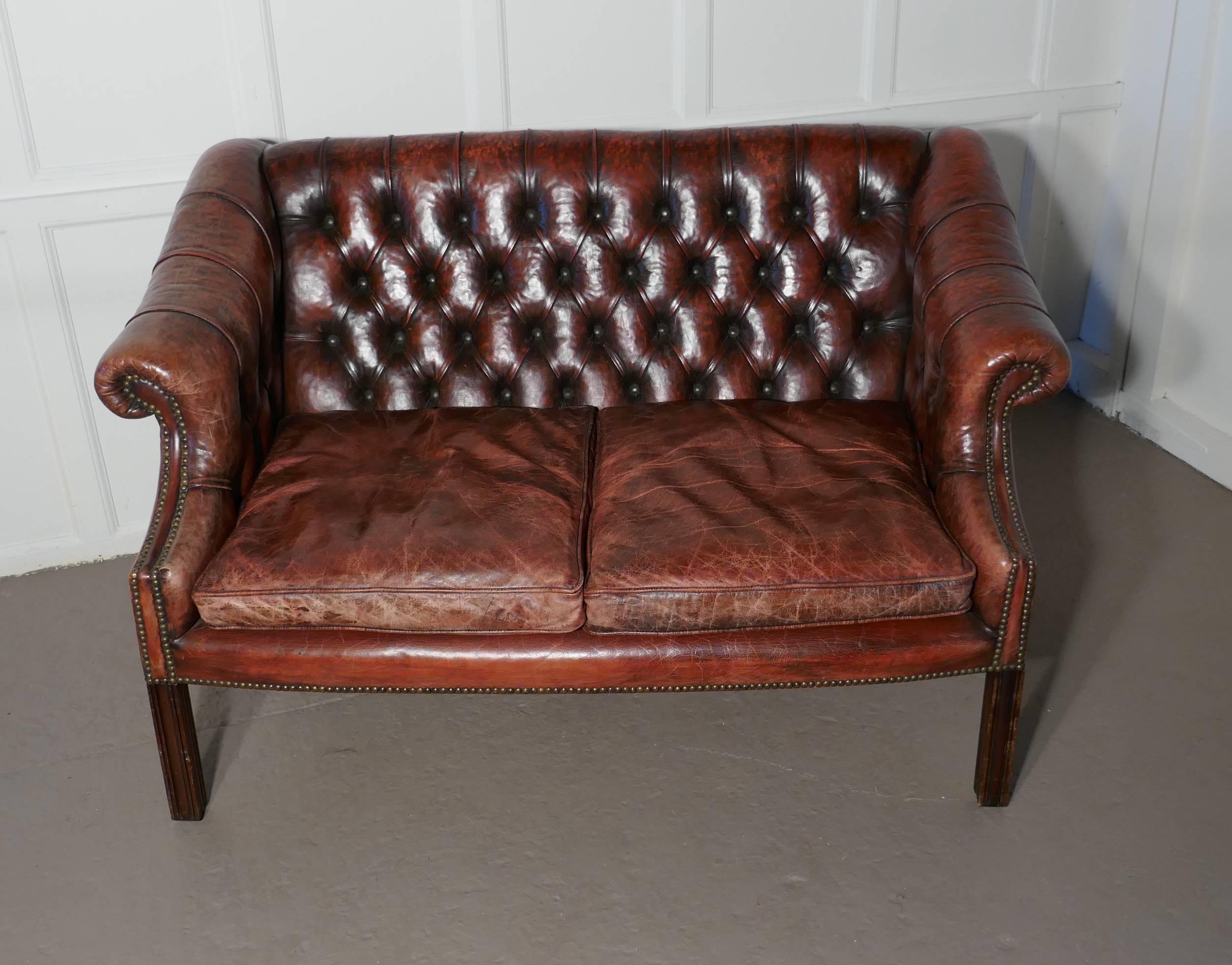 Edwardian Leather Two-Seat Library Chesterfield Settee In Good Condition In Chillerton, Isle of Wight