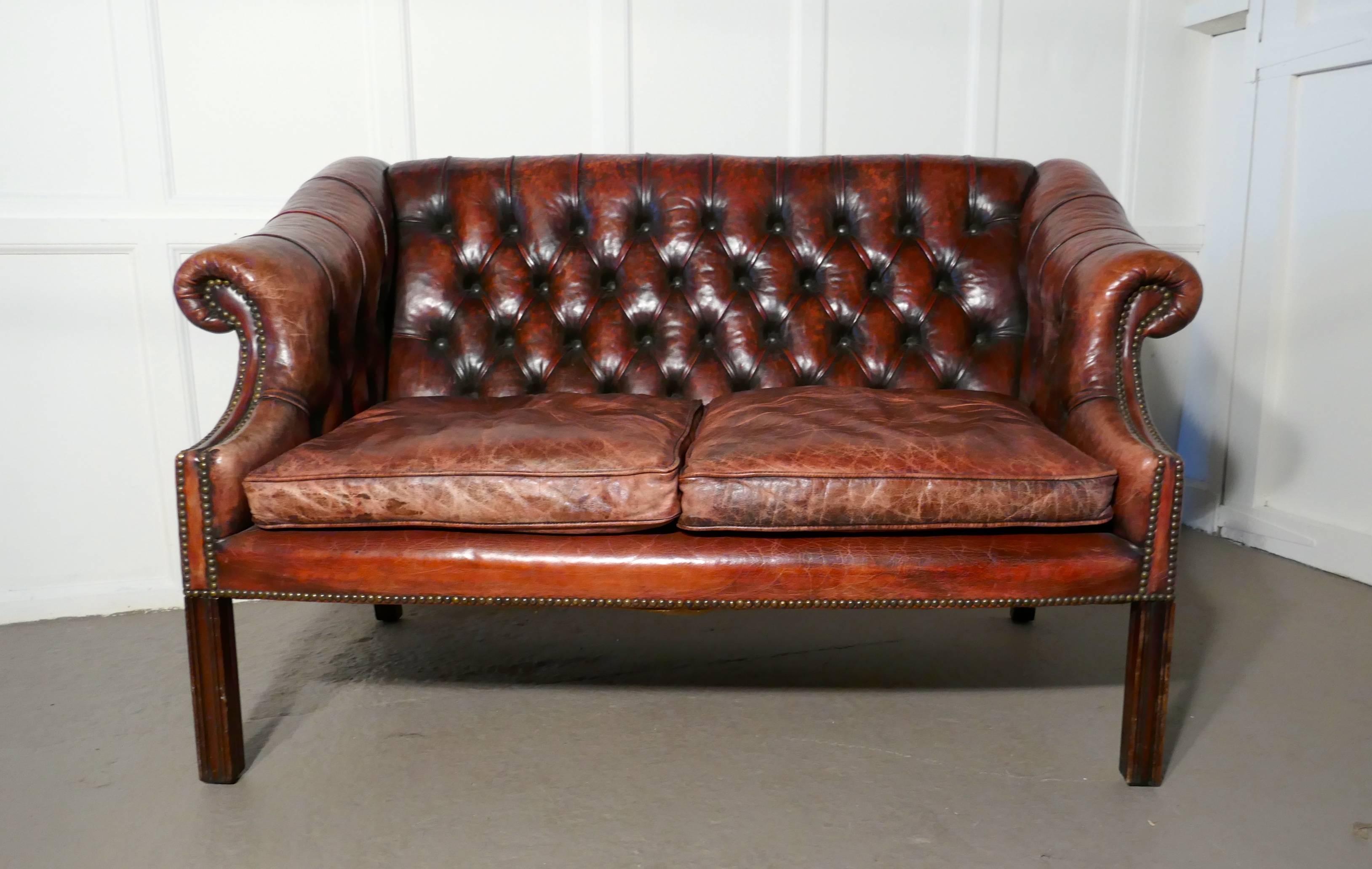 20th Century Edwardian Leather Two-Seat Library Chesterfield Settee