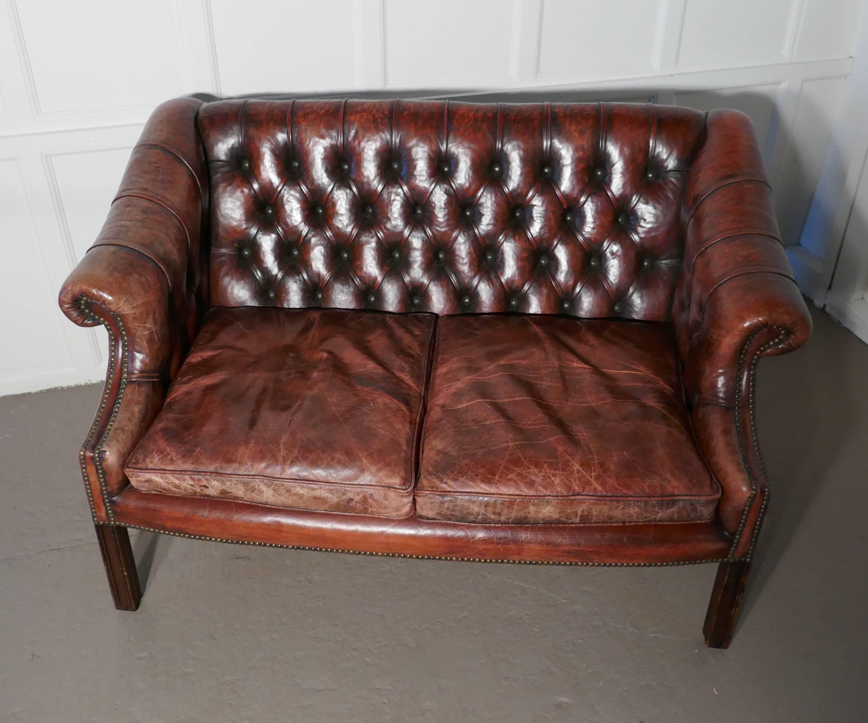 Edwardian Leather Two-Seat Library Chesterfield Settee 2