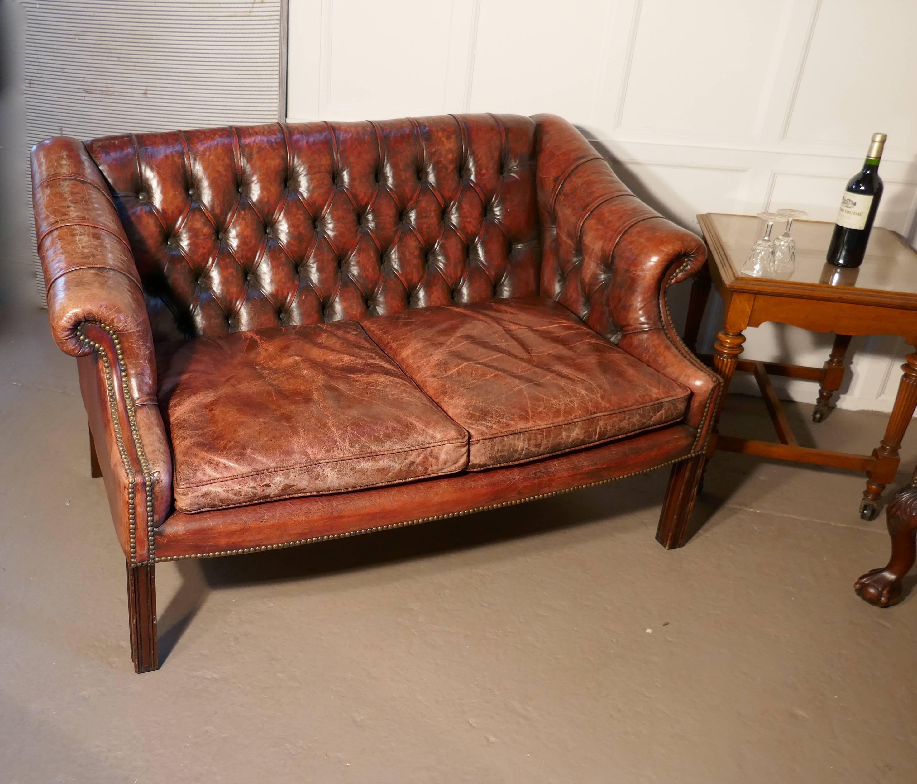 Edwardian Leather Two-Seat Library Chesterfield Settee 4