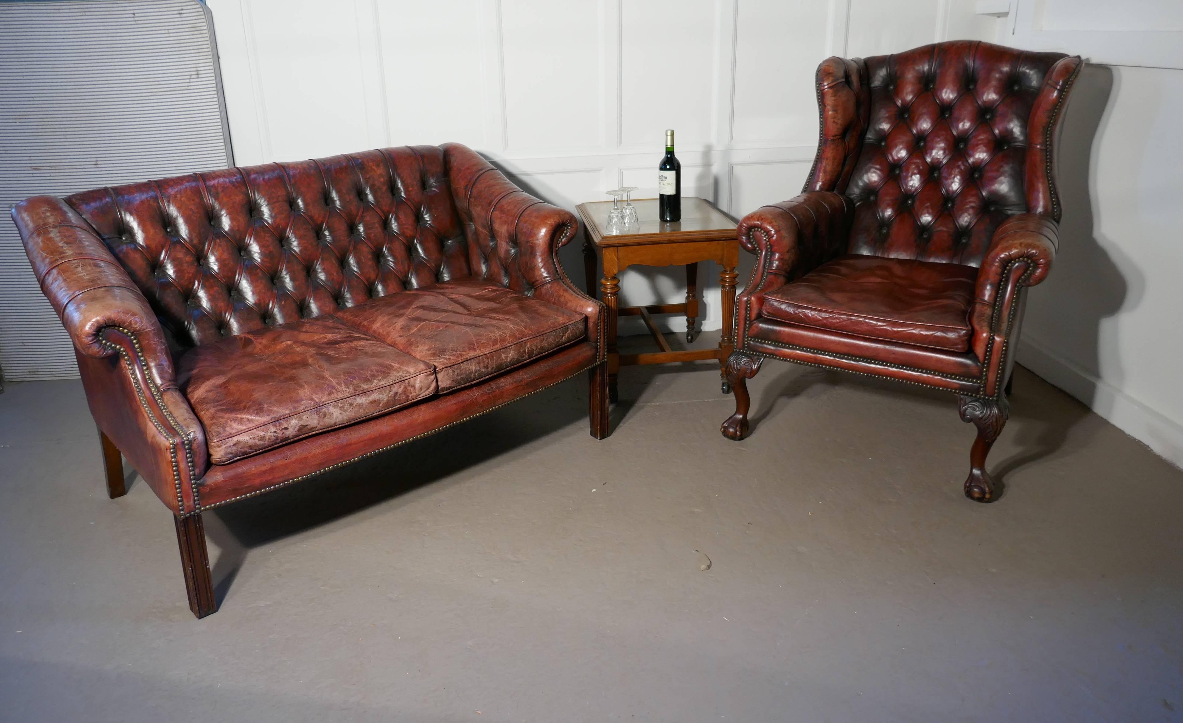 Edwardian Leather Two-Seat Library Chesterfield Settee 5