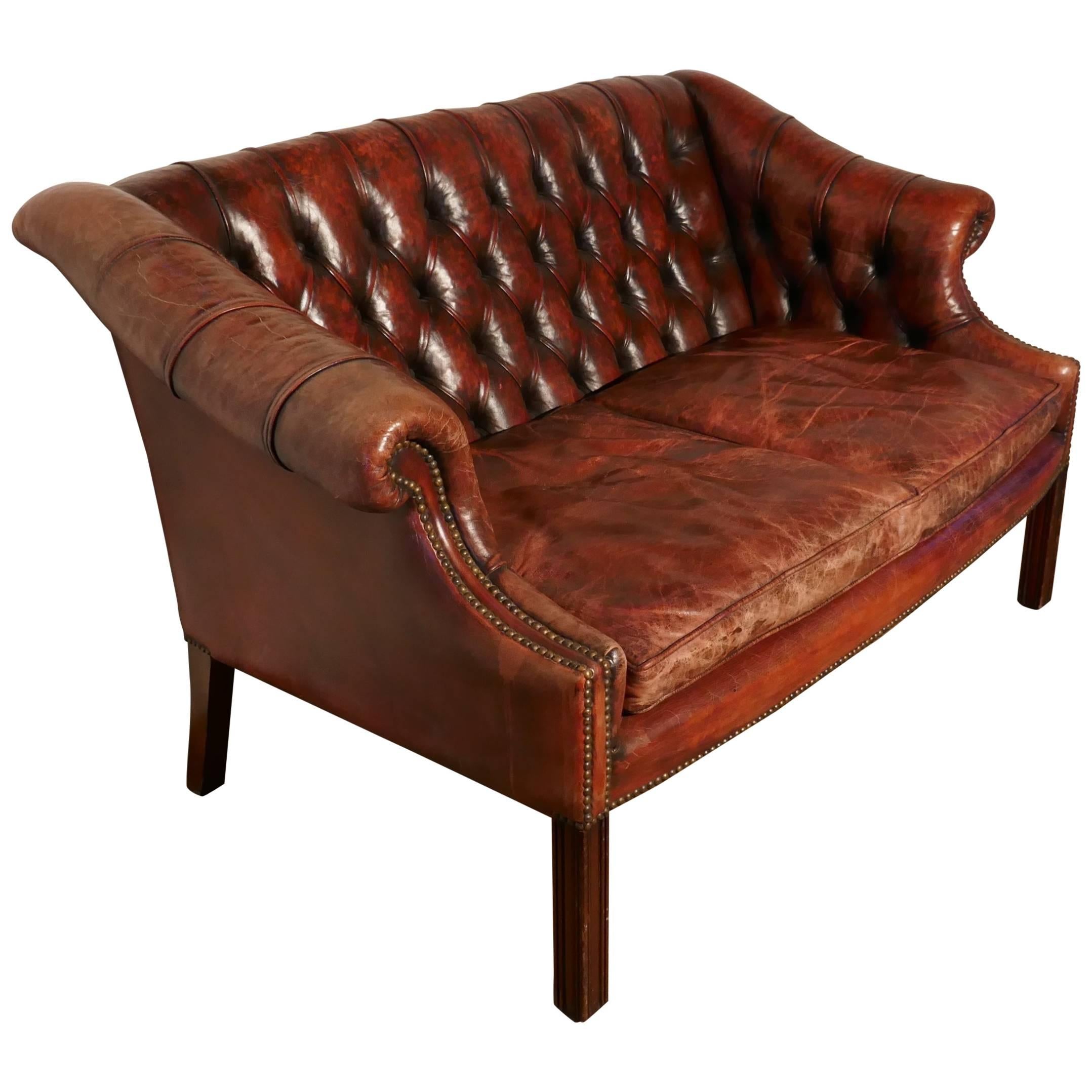 Edwardian Leather Two-Seat Library Chesterfield Settee