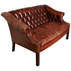 Edwardian Leather Two-Seat Library Chesterfield Settee