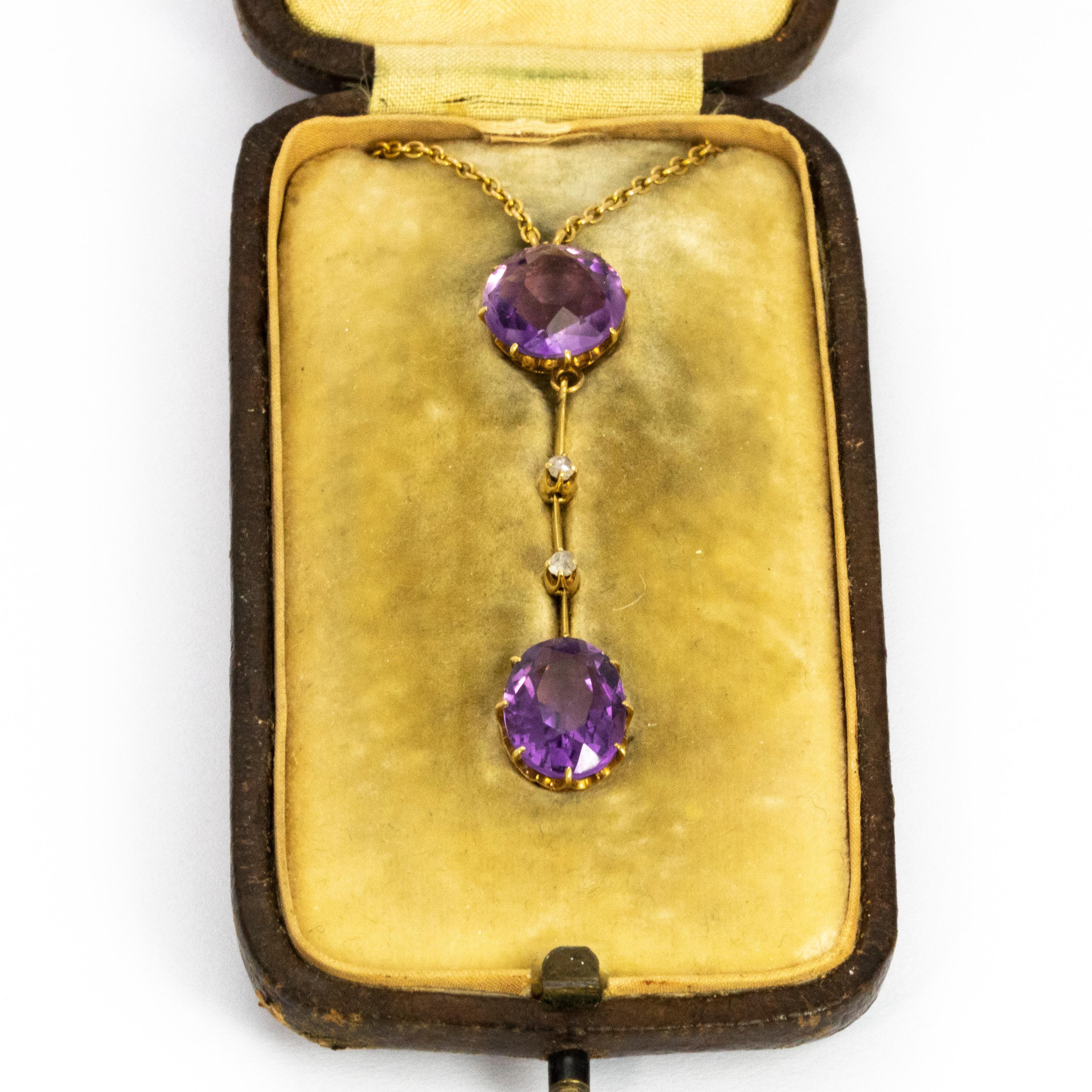 Edwardian Liberty & Co Amethyst Diamond and Gold Necklace in Original Fitted Box In Good Condition In Chipping Campden, GB