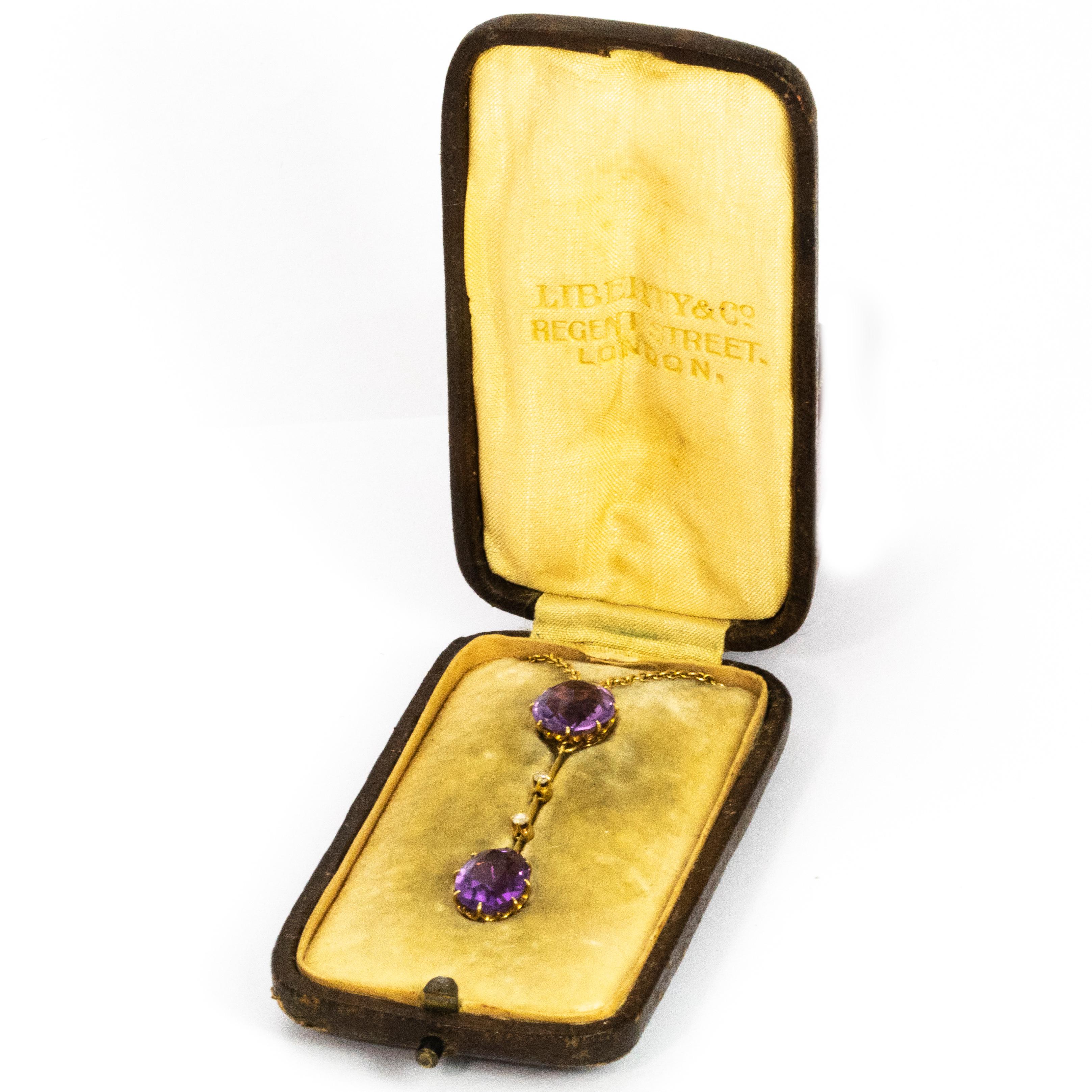 Women's or Men's Edwardian Liberty & Co Amethyst Diamond and Gold Necklace in Original Fitted Box