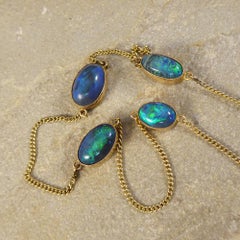 Edwardian Long 15 Carat Yellow Gold Chain Necklace with Four Black Opal Stones