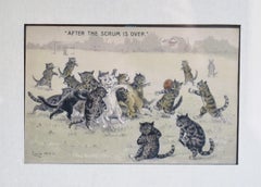 Carte postale édouardienne encadrée de Louis Wain représentant un chat, "After The Scrum is Over", vers 1900