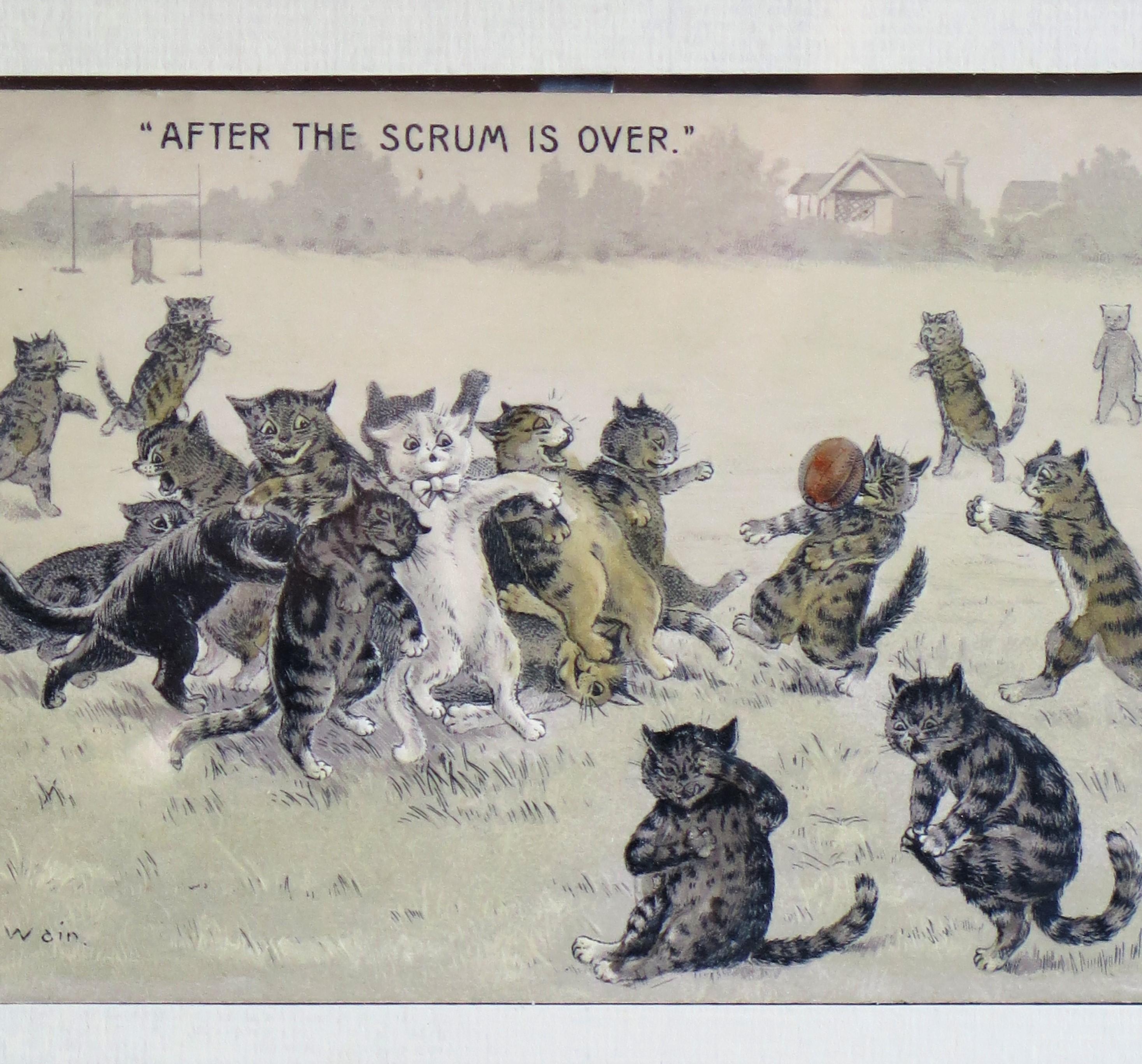20th Century Edwardian Louis Wain Framed Cat Postcard 
