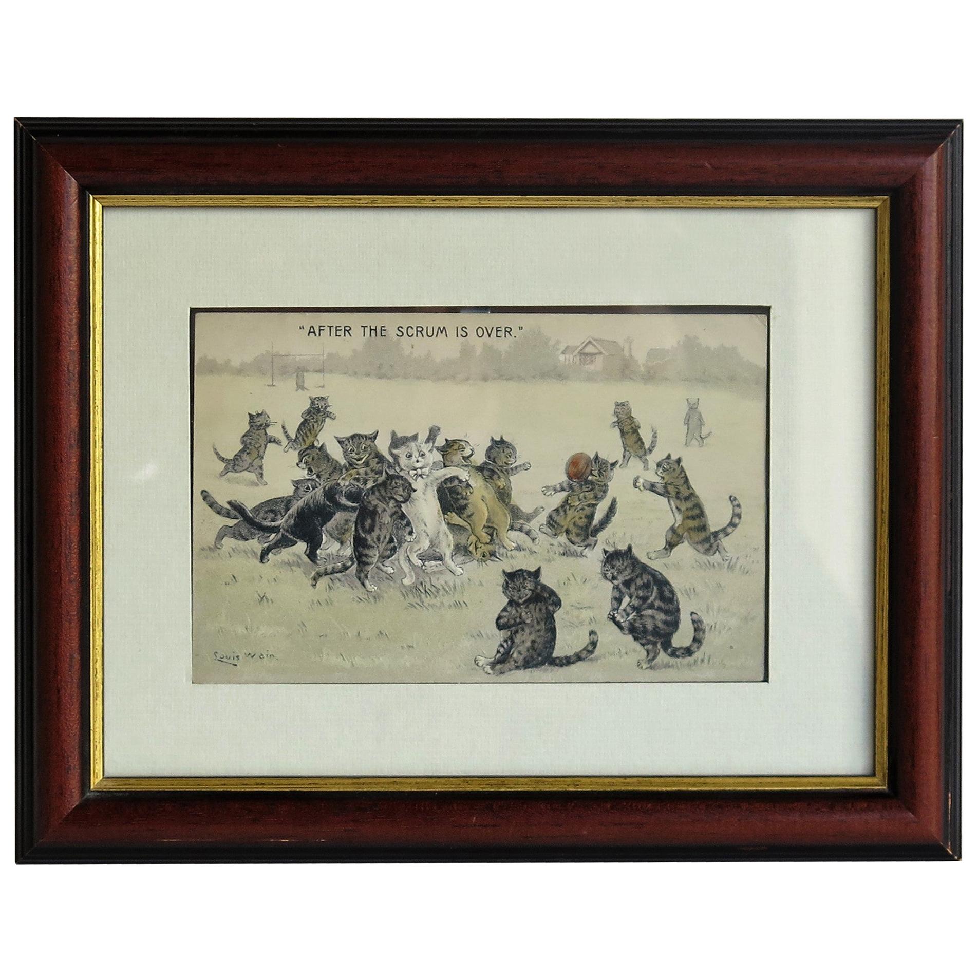 Edwardian Louis Wain Framed Cat Postcard "After The Scrum is Over", circa 1900