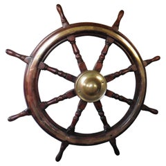 Edwardian Mahogany and Brass Eight Spoke Ships Wheel