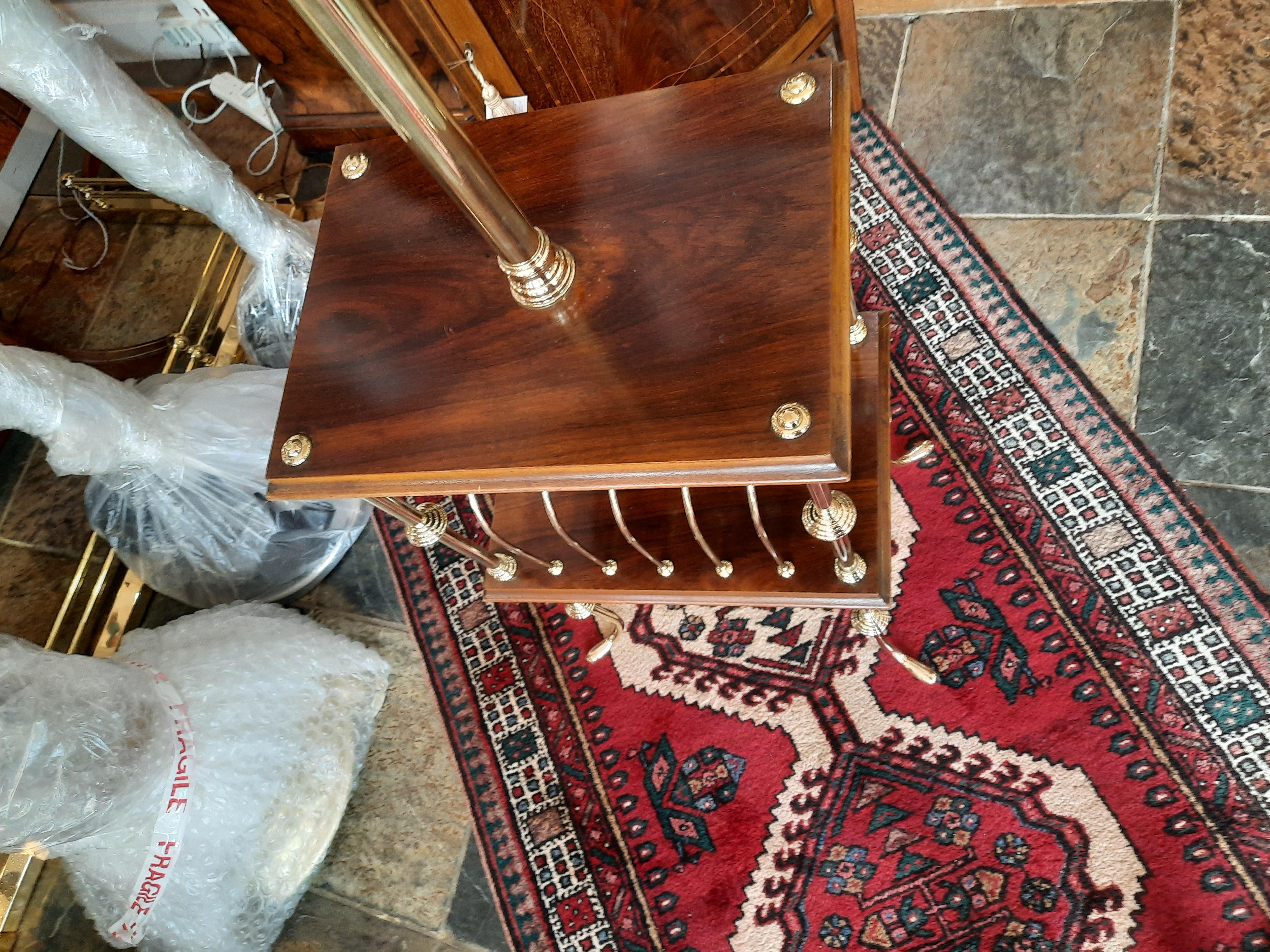 Edwardian mahogany and brass standard lamp and combination magazine canterbury rack, moulded rectangular top over six division rack supported by brass columns, splayed supports - 22