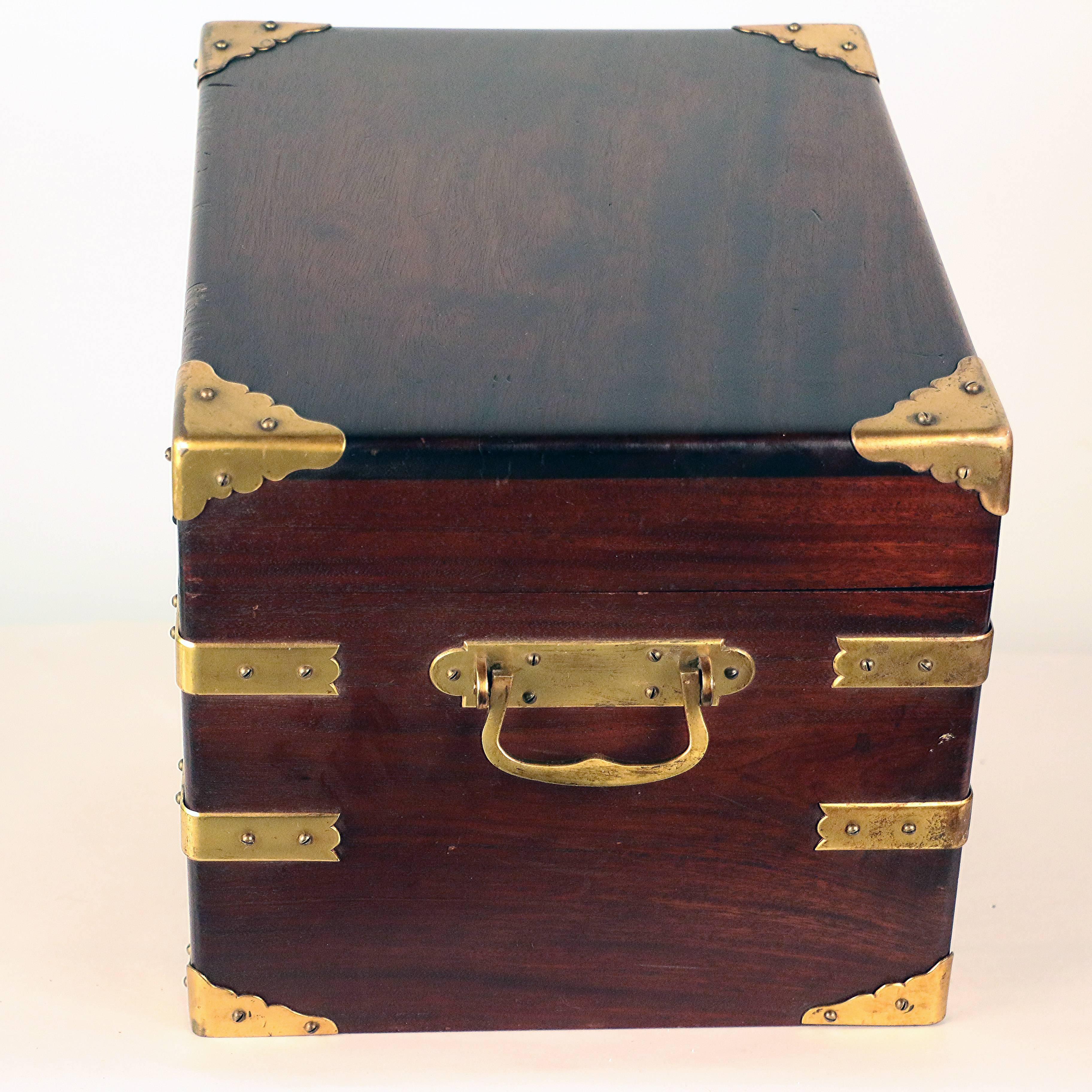 Campaign Edwardian Mahogany and Gilt Brass Bound Humidor by Benson and Hedges