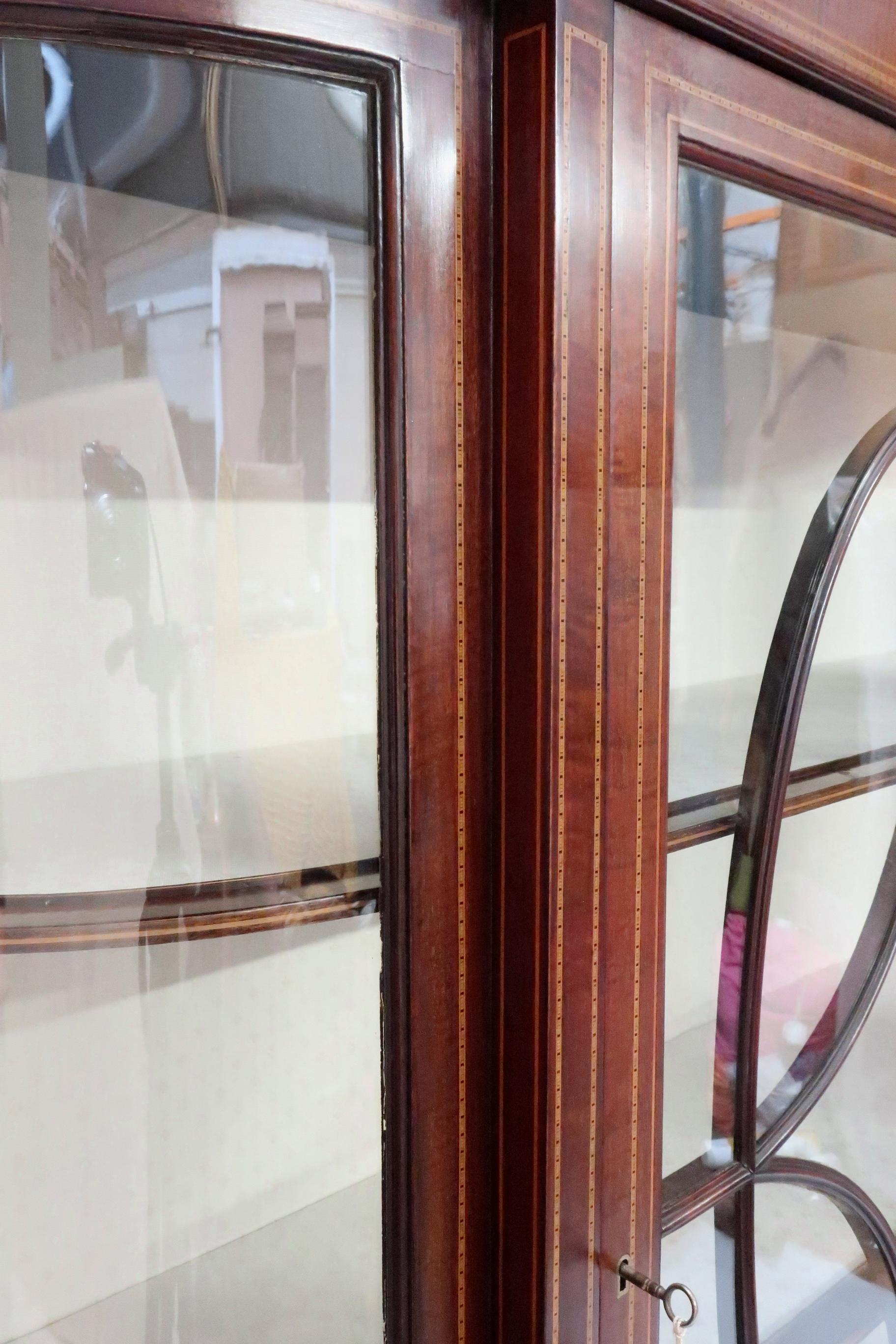 Inlay Edwardian Mahogany and Glass Bow Ended Display Cabinet with Shelves For Sale