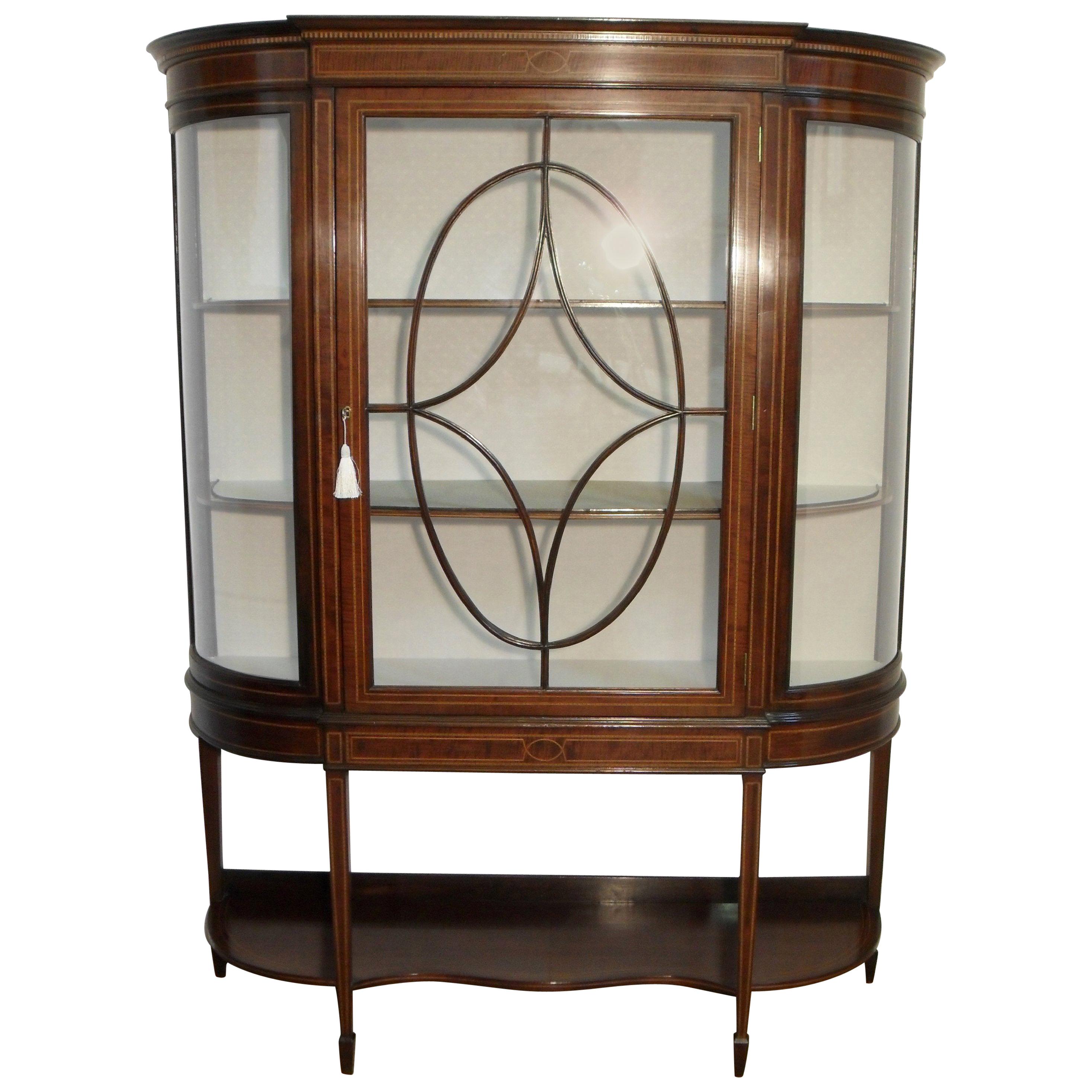 Edwardian Mahogany and Glass Bow Ended Display Cabinet with Shelves For Sale