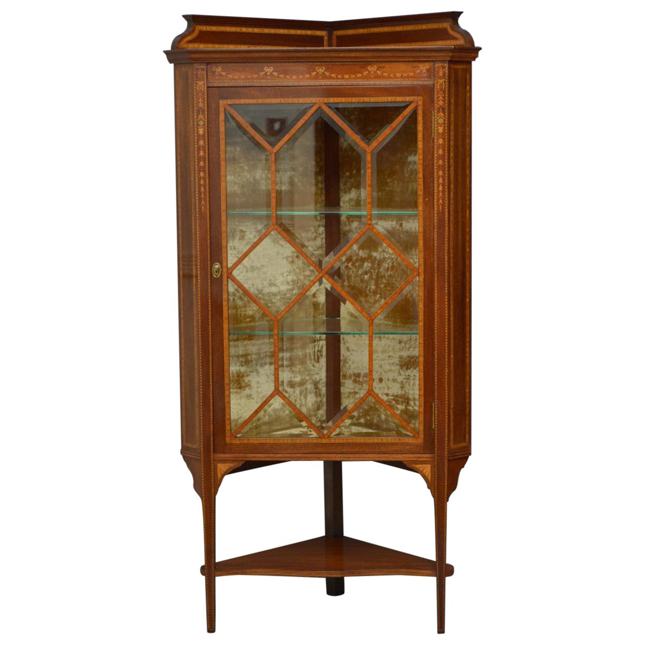 Edwardian Mahogany and Inlaid Corner Display Cabinet