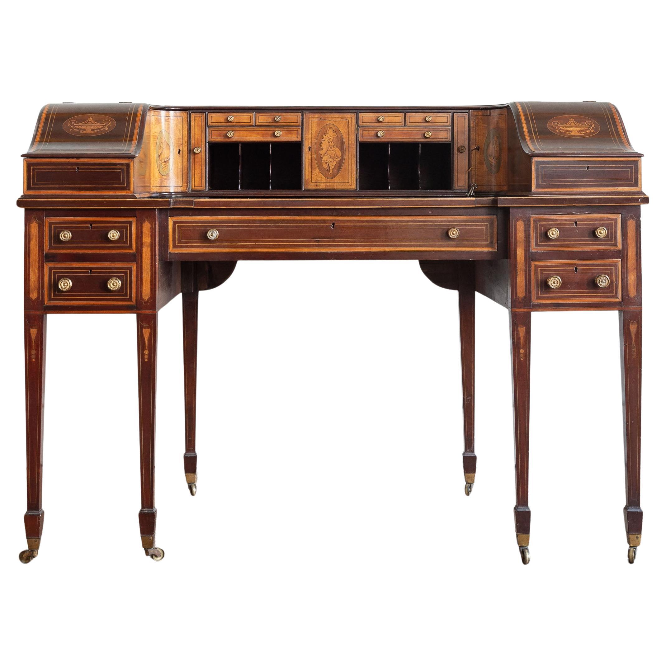 Bureau Carlton House édouardien en acajou et bois satiné