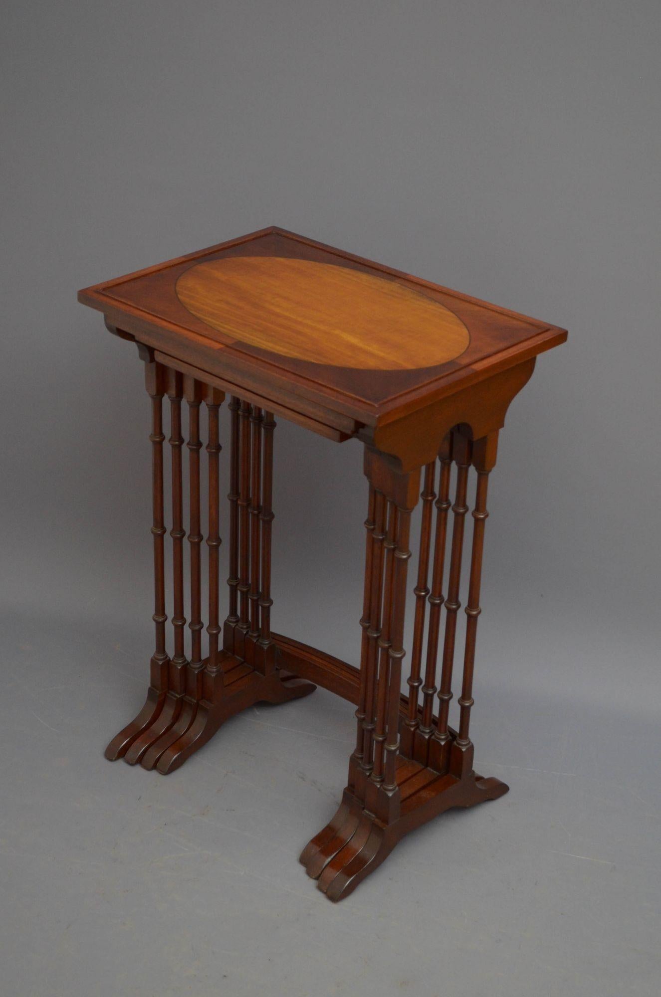 Sn5535 Attractive Edwardian quartetto nest of tables, each having mahogany top with oval satinwood inlaid panel and a raised lip to the edge, each standing on four turned and ringed legs terminating in spayed feet. This antique nest of four tables