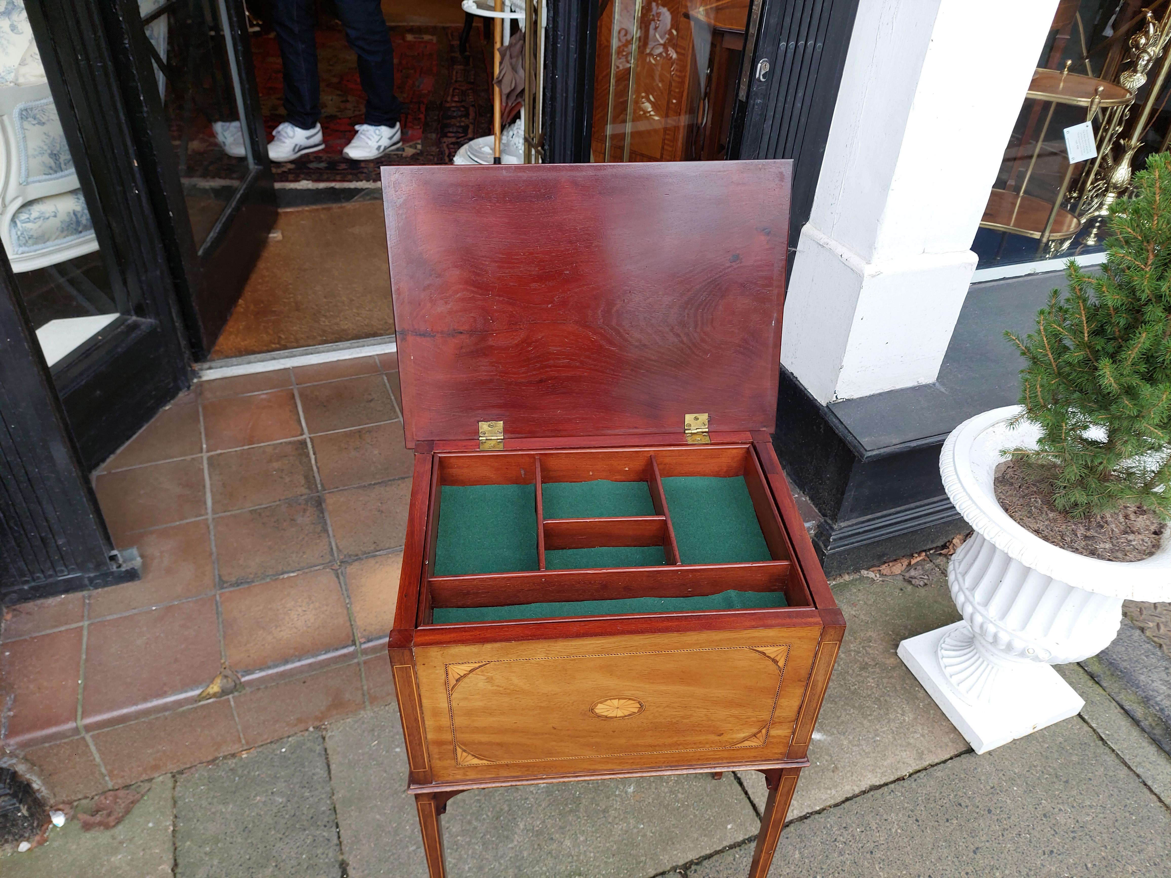 Edwardian Mahogany and Shell Inlaid Work Table on fine Slender Sheraton Style Legs - 16.5