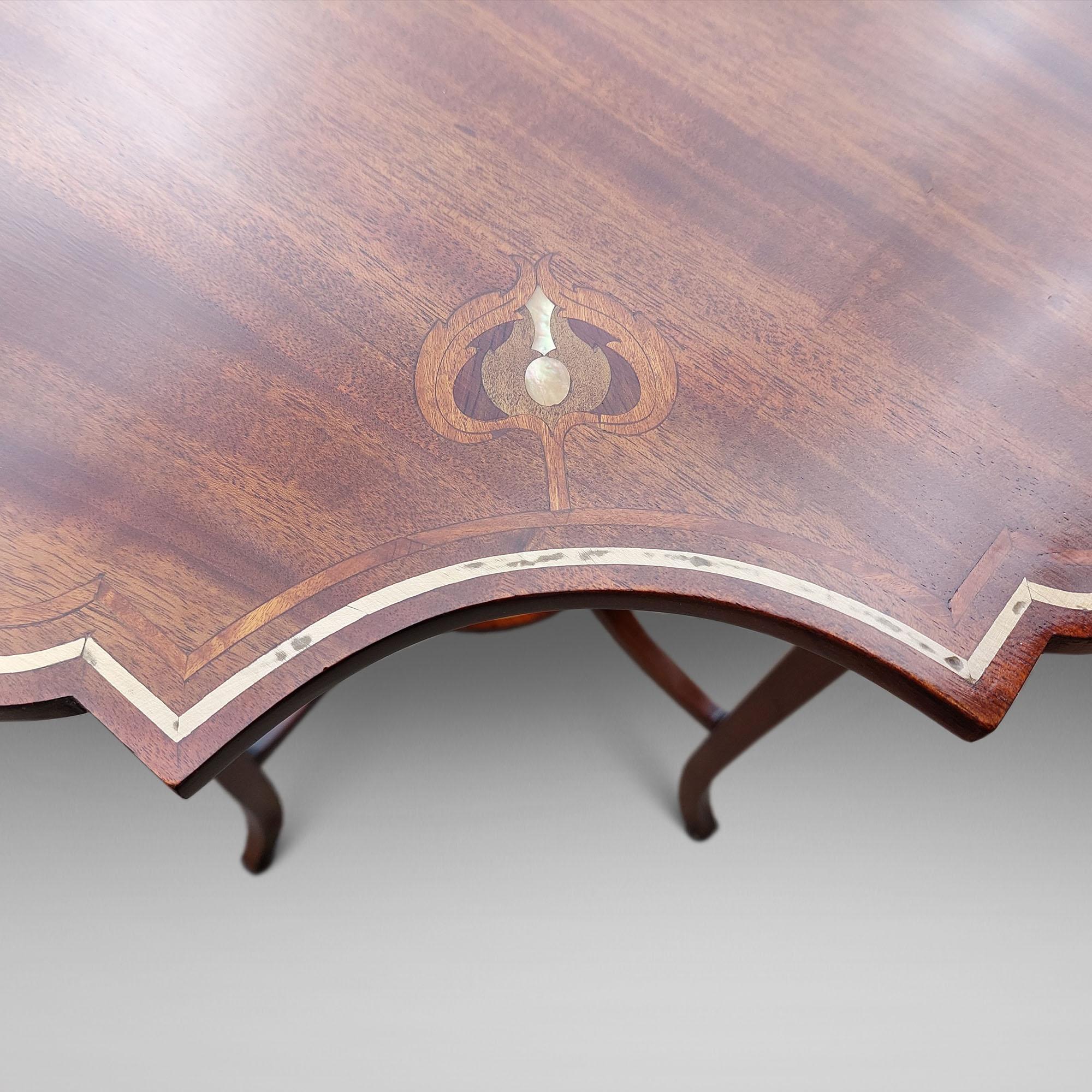 English Edwardian Mahogany Art Nouveau Inlaid Occasional Table For Sale