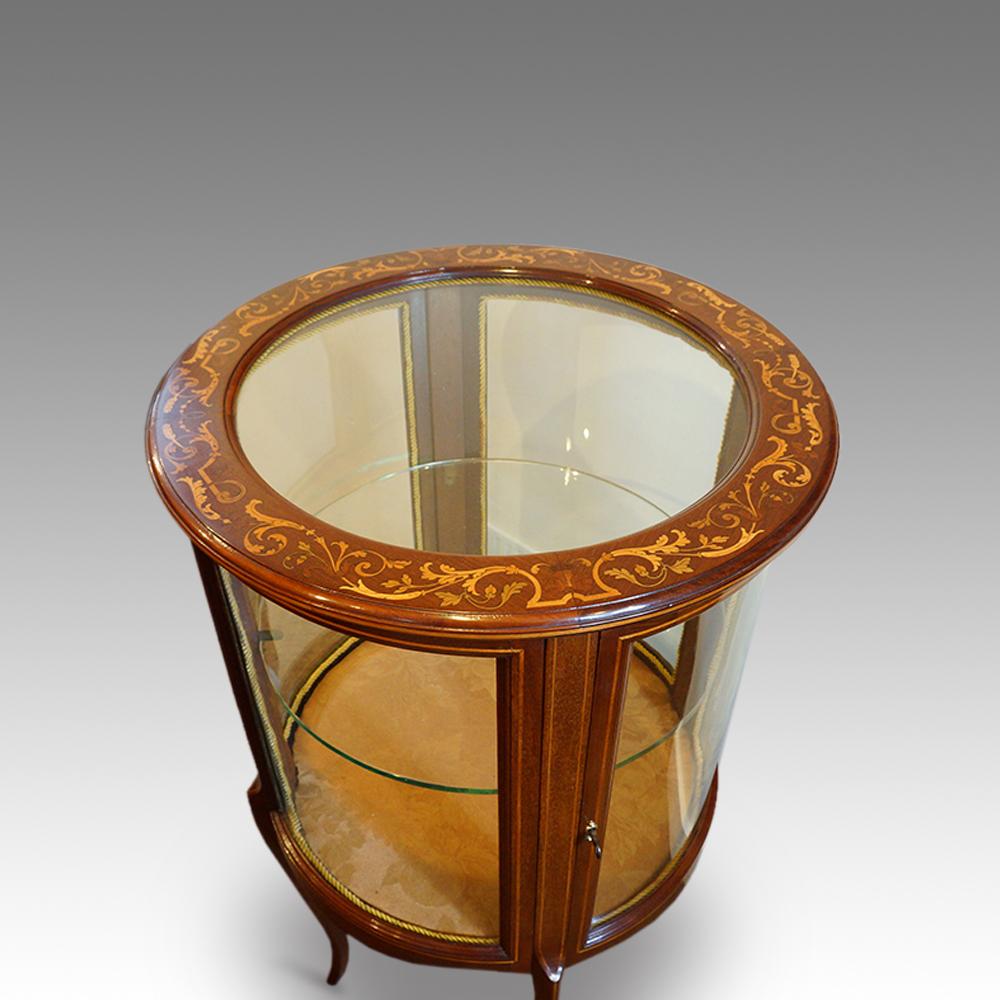 Edwardian marquetry inlaid mahogany circular bijouterie curio display cabinet 4