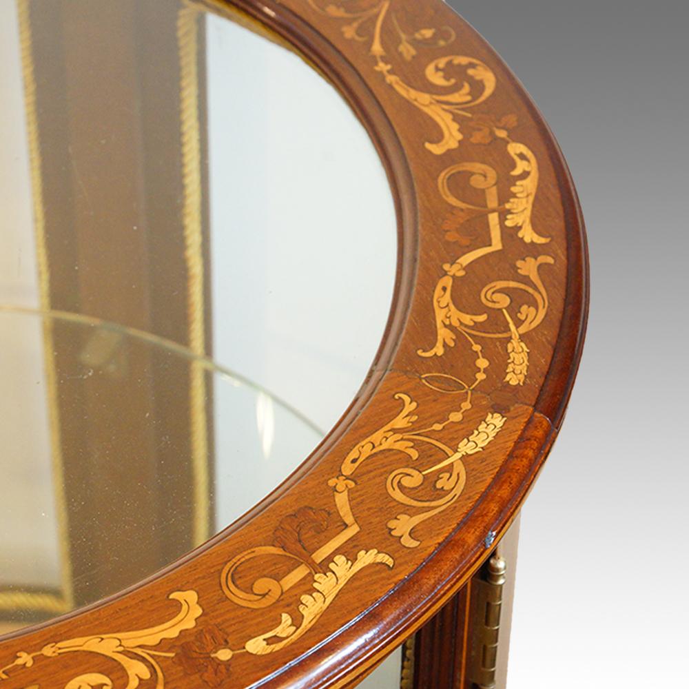 English Edwardian marquetry inlaid mahogany circular bijouterie curio display cabinet