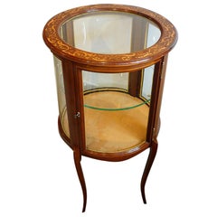 Antique Edwardian marquetry inlaid mahogany circular bijouterie curio display cabinet