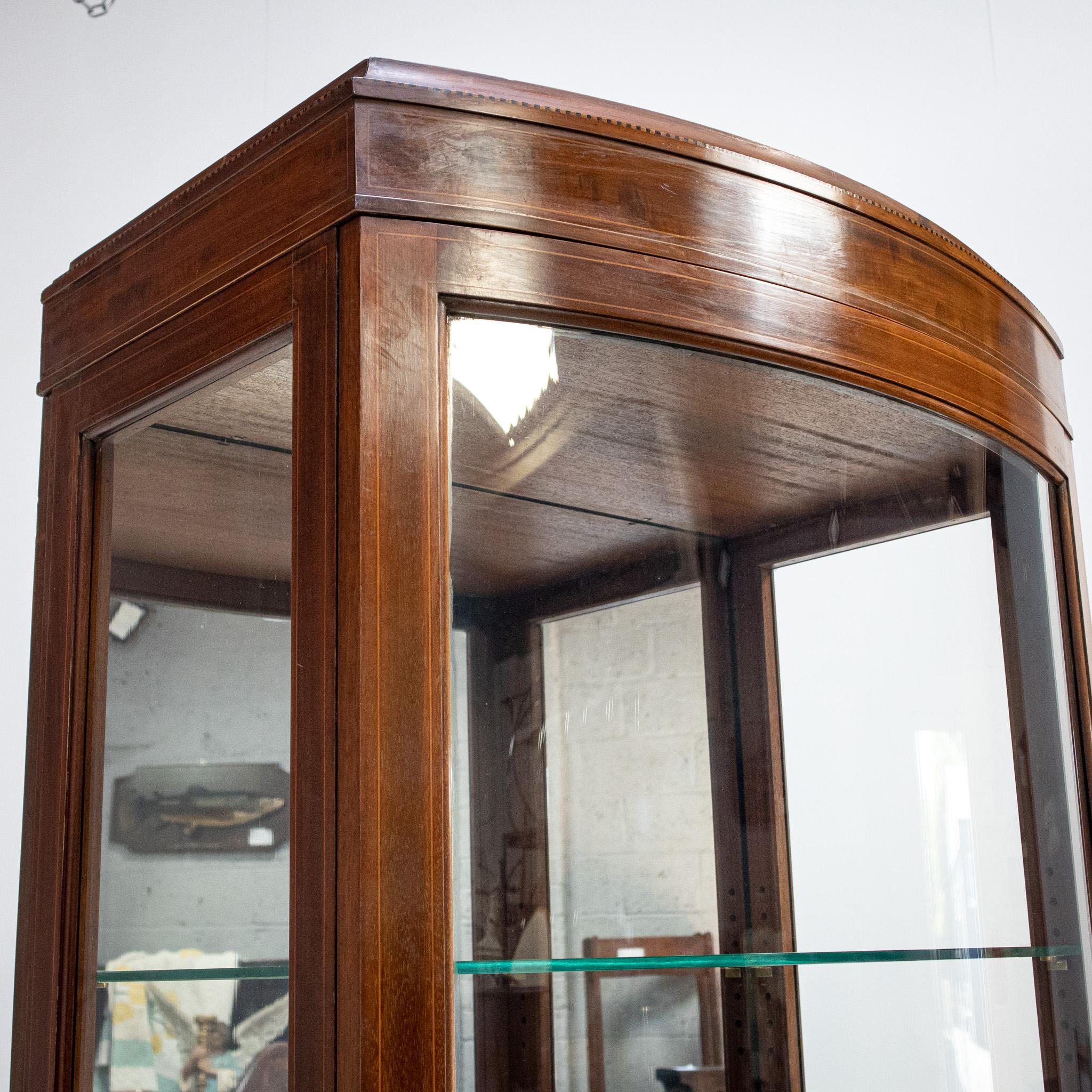 Glass Edwardian Mahogany Bow Front Shop Cabinet with Satinwood Stringing For Sale