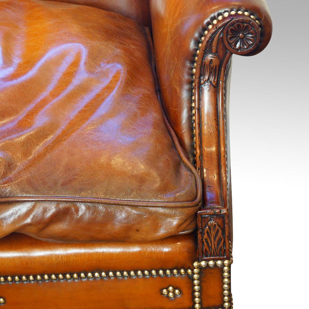 English Edwardian Mahogany grade 1 leather Camel Back Sofa, circa 1920 11