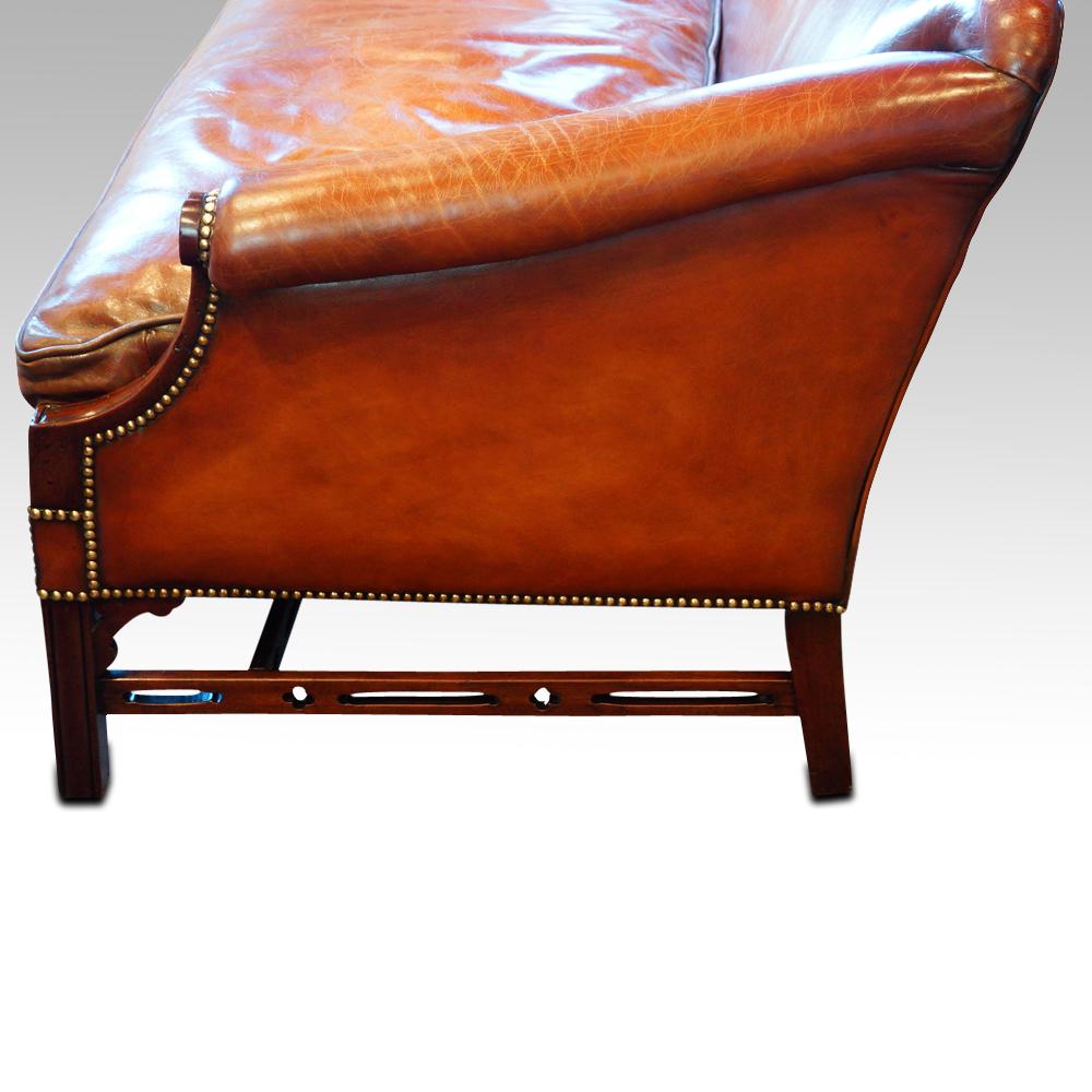 English Edwardian Mahogany grade 1 leather Camel Back Sofa, circa 1920 12