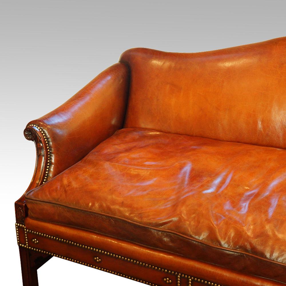 Chippendale English Edwardian Mahogany grade 1 leather Camel Back Sofa, circa 1920