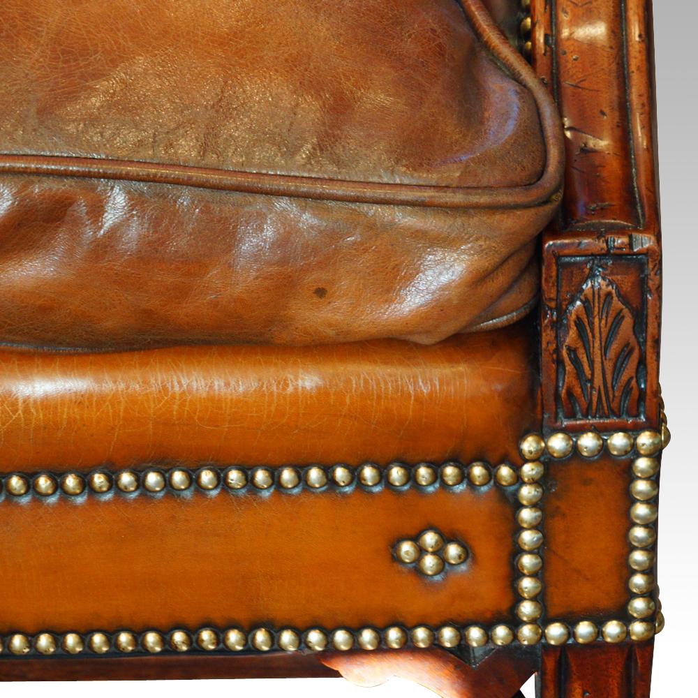 English Edwardian Mahogany grade 1 leather Camel Back Sofa, circa 1920 3